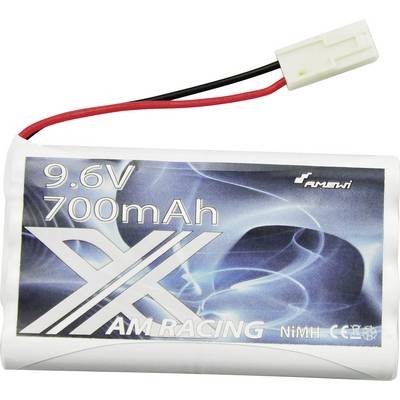 Akumulator 9,6V i 700mAh firmy AM Racing, w technologii NiMH, z dwoma przewodami i złączem do modeli zdalnie sterowanych; w niebiesko-białym designie.