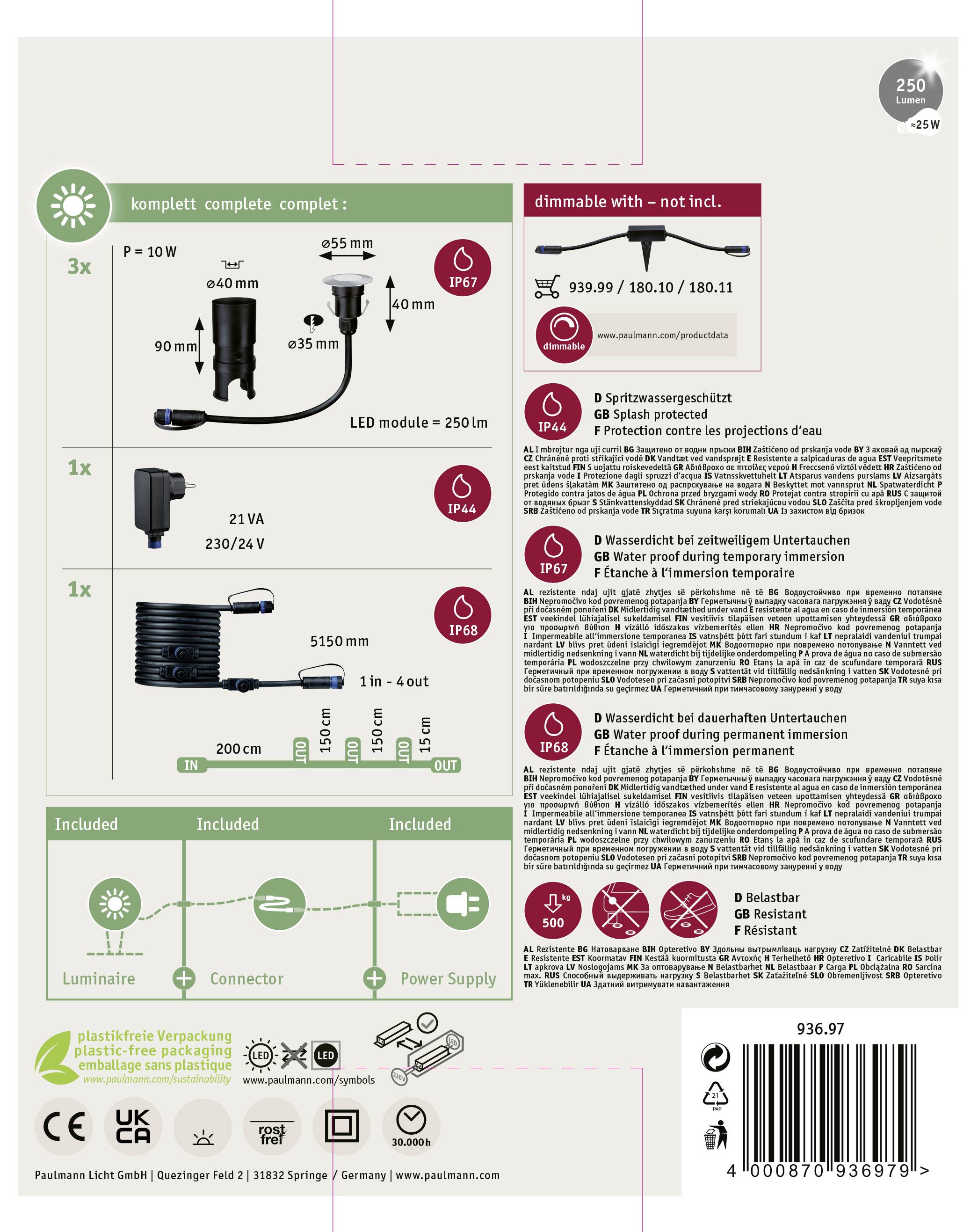 Zestaw do oświetlenia stawu z modułem LED, transformatorem i akcesoriami. Uwaga: możliwość przyciemniania, nie dołączono. Stopień ochrony IP68.