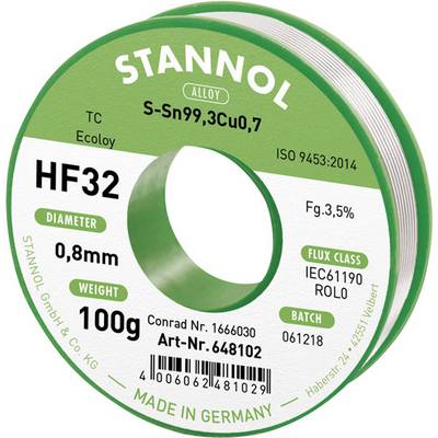 Rolka lutu Stannol HF32, stopy Sn99,3Cu0,7, średnica drutu 0,8 mm, waga 100 g, klasa topnika ROLO, wyprodukowana w Niemczech.
