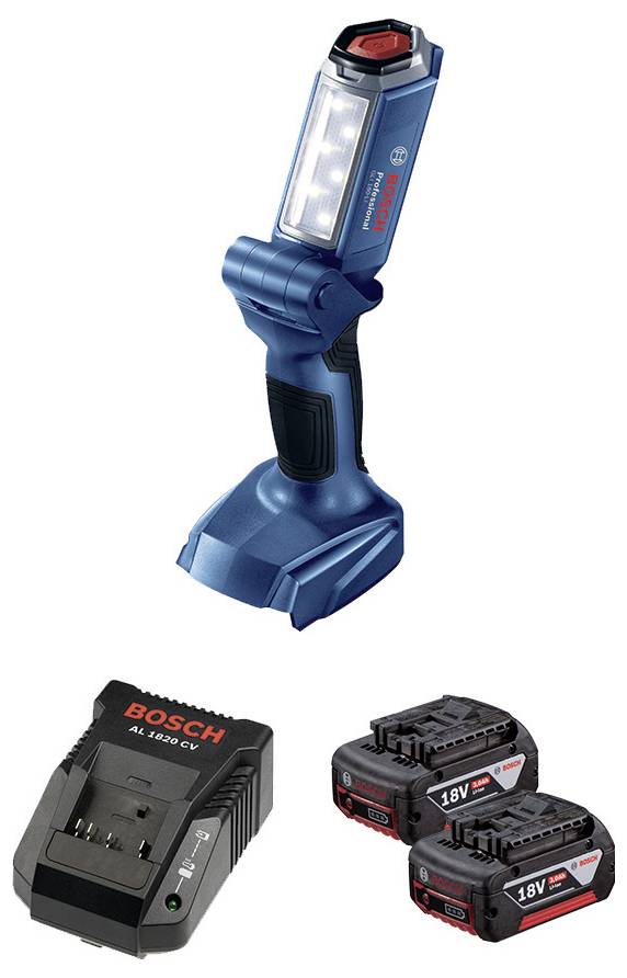 Niebieska lampa robocza Bosch z diodami LED, wyposażona w ładowarkę Bosch i dwa akumulatory 18V.