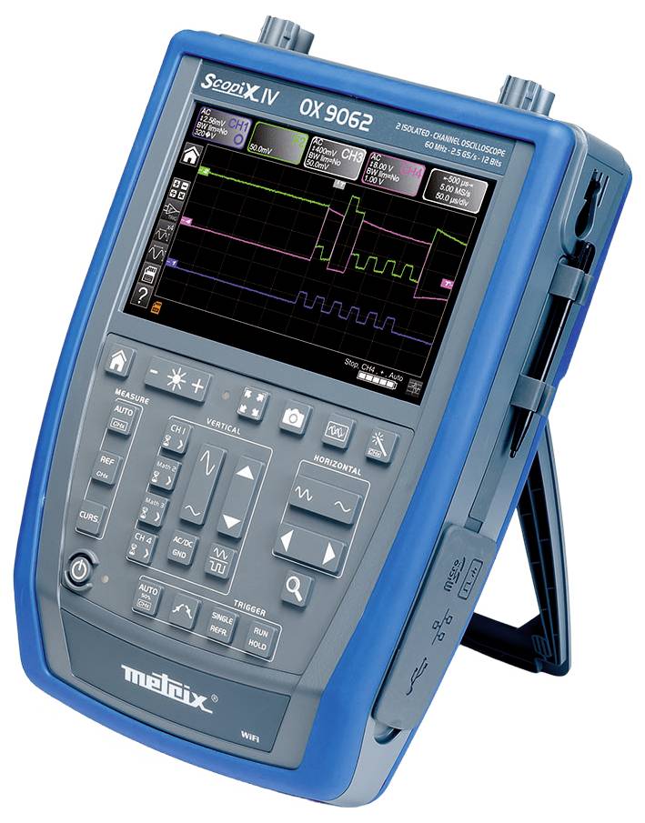Przenośny cyfrowy oscyloskop z wyświetlaczem, który przedstawia sygnały elektroniczne w postaci przebiegów fal. Wyposażony w przyciski sterujące.