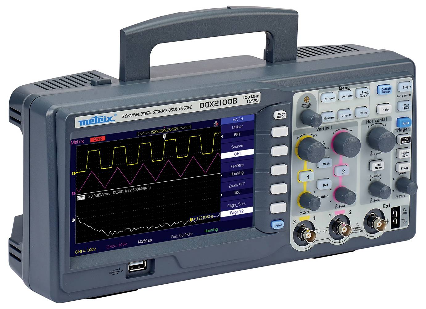 Cyfrowy oscyloskop pamięciowy z wieloma pokrętłami, przyciskami i ekranem wyświetlającym dwa przebiegi sygnałów.