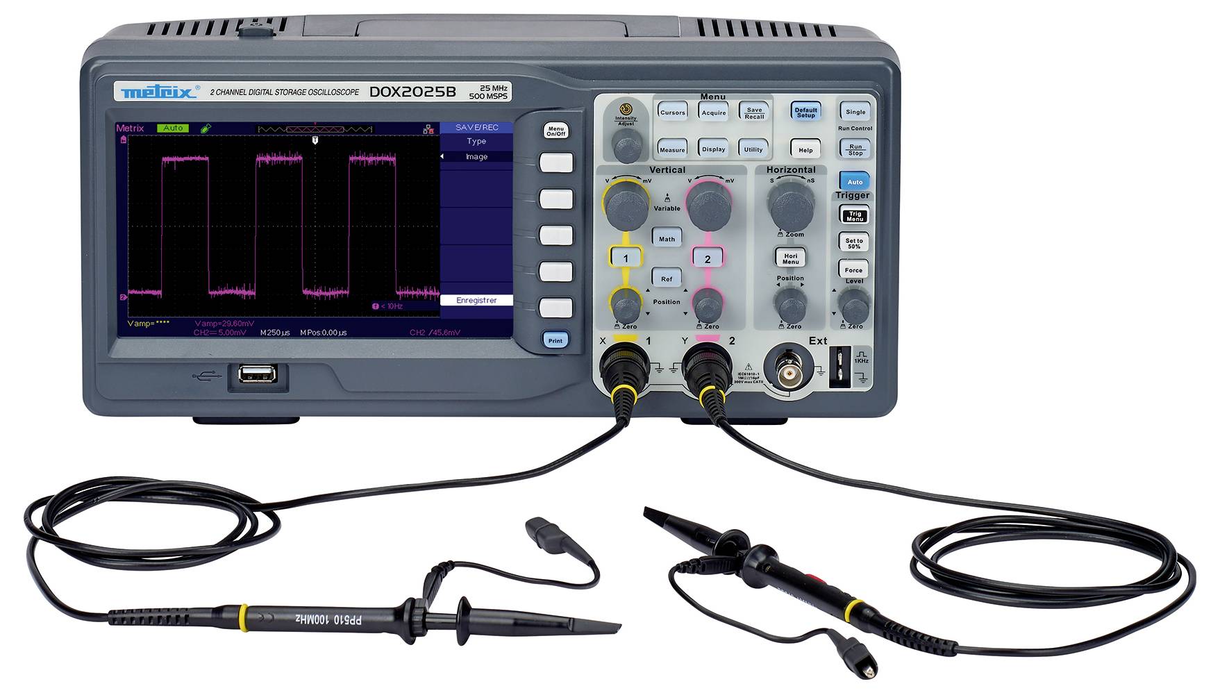 Oscyloskop z dwoma podłączonymi sondami, wyświetlające sygnał cyfrowy z impulsami prostokątnymi na ekranie.