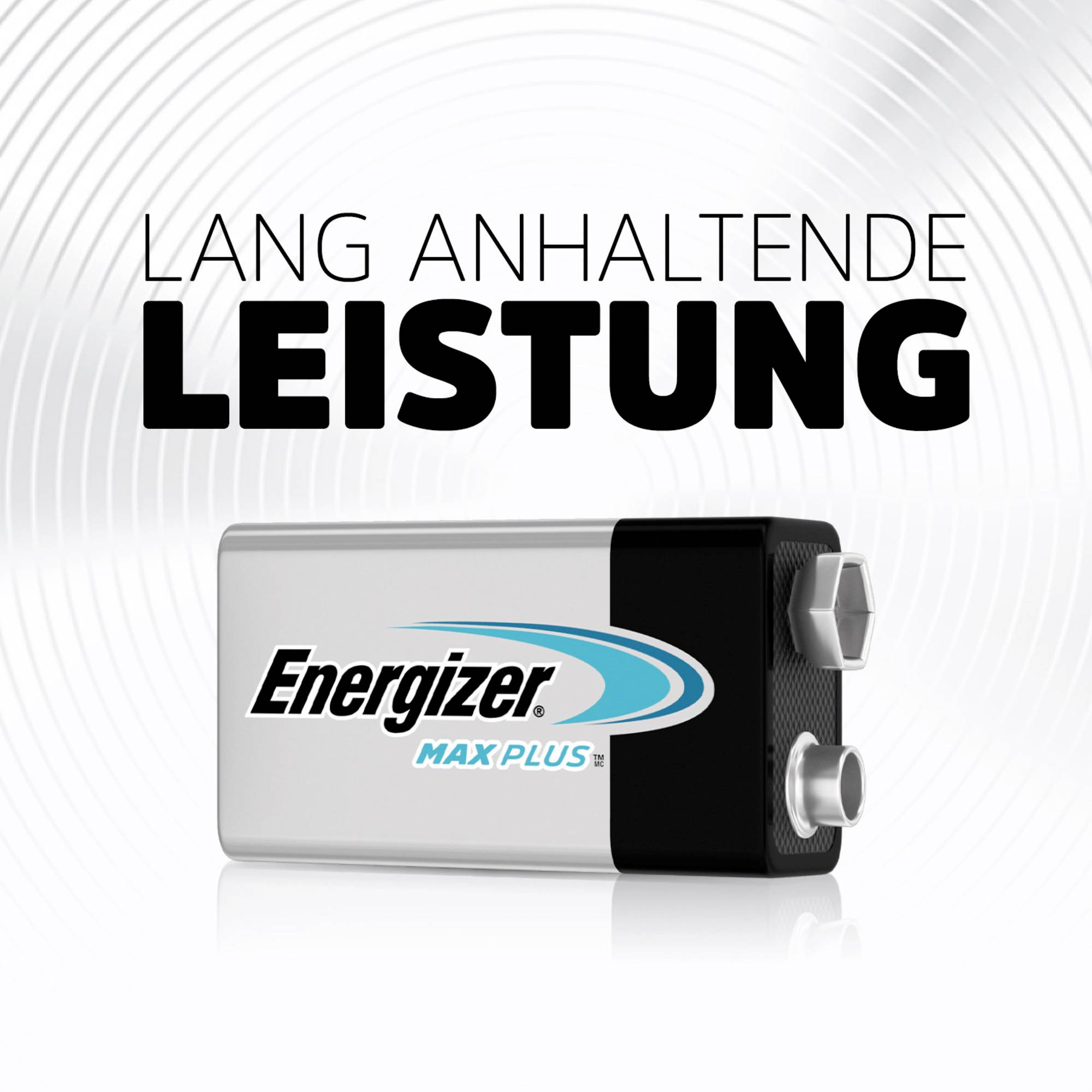 Srebrna bateria 9V z napisem 'Energizer Max Plus'. Powyżej, na białym tle, widnieje napis 'Długotrwała wydajność'.