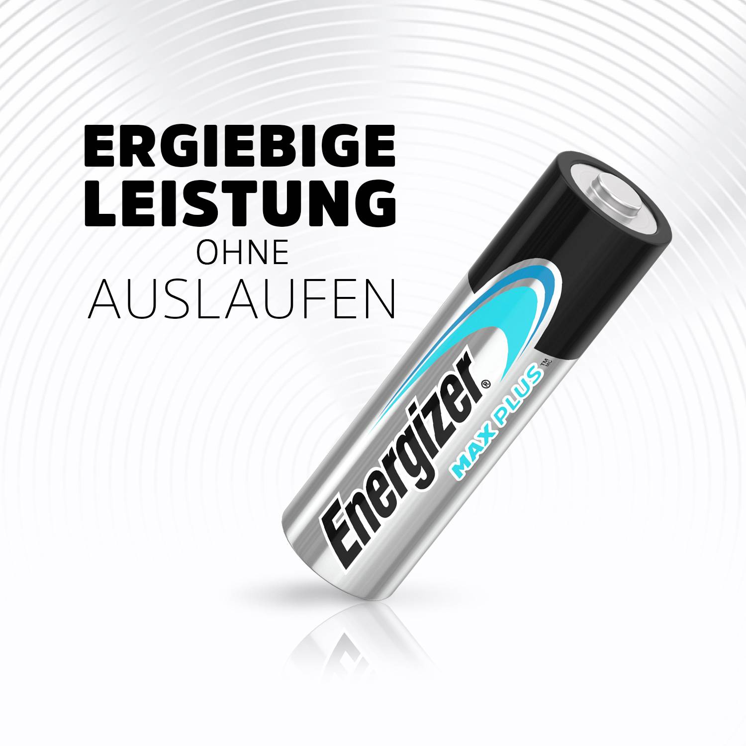 Bateria z napisem 'Energizer MAX PLUS'. Tekst: 'Wydajna moc bez wycieku'. Tło z koncentrycznymi kołami.