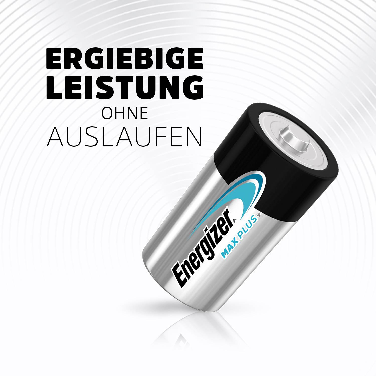 Bateria z napisem 'Energizer Max Plus', obok tekst 'Wydajna moc bez wycieku' na szarym tle.