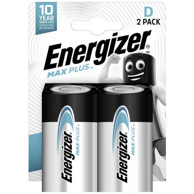 Dwie baterie Energizer Max Plus w podwójnym opakowaniu. Opakowanie podkreśla 10-letnią trwałość. Na tle widać uśmiechniętą maskotką.