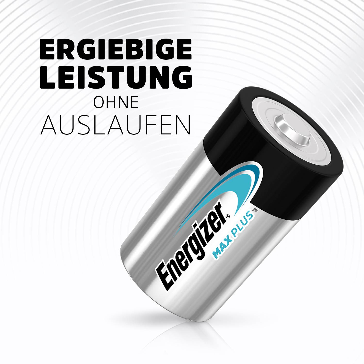 Bateria marki 'Energizer Max Plus' jest przedstawiona z tekstem 'Wydajna moc bez wycieku'.