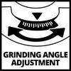 Symbol ostrzeżenia 'Regulacja kąta szlifowania' ze strzałkami przedstawiającymi dostosowanie kąta szlifowania.