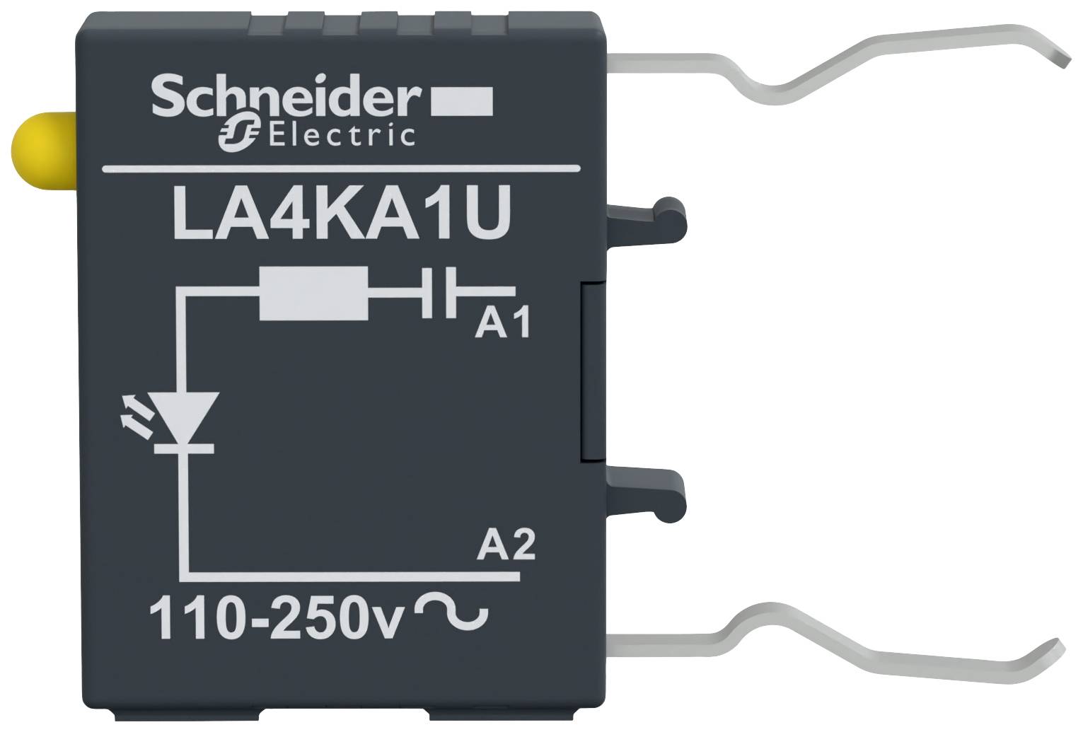 Podwójne wyposażenie wtykowe Schneider Electric, model 'LA4KA1U', kompatybilne z napięciami 110-250V, oznaczone 'A1' i 'A2'.