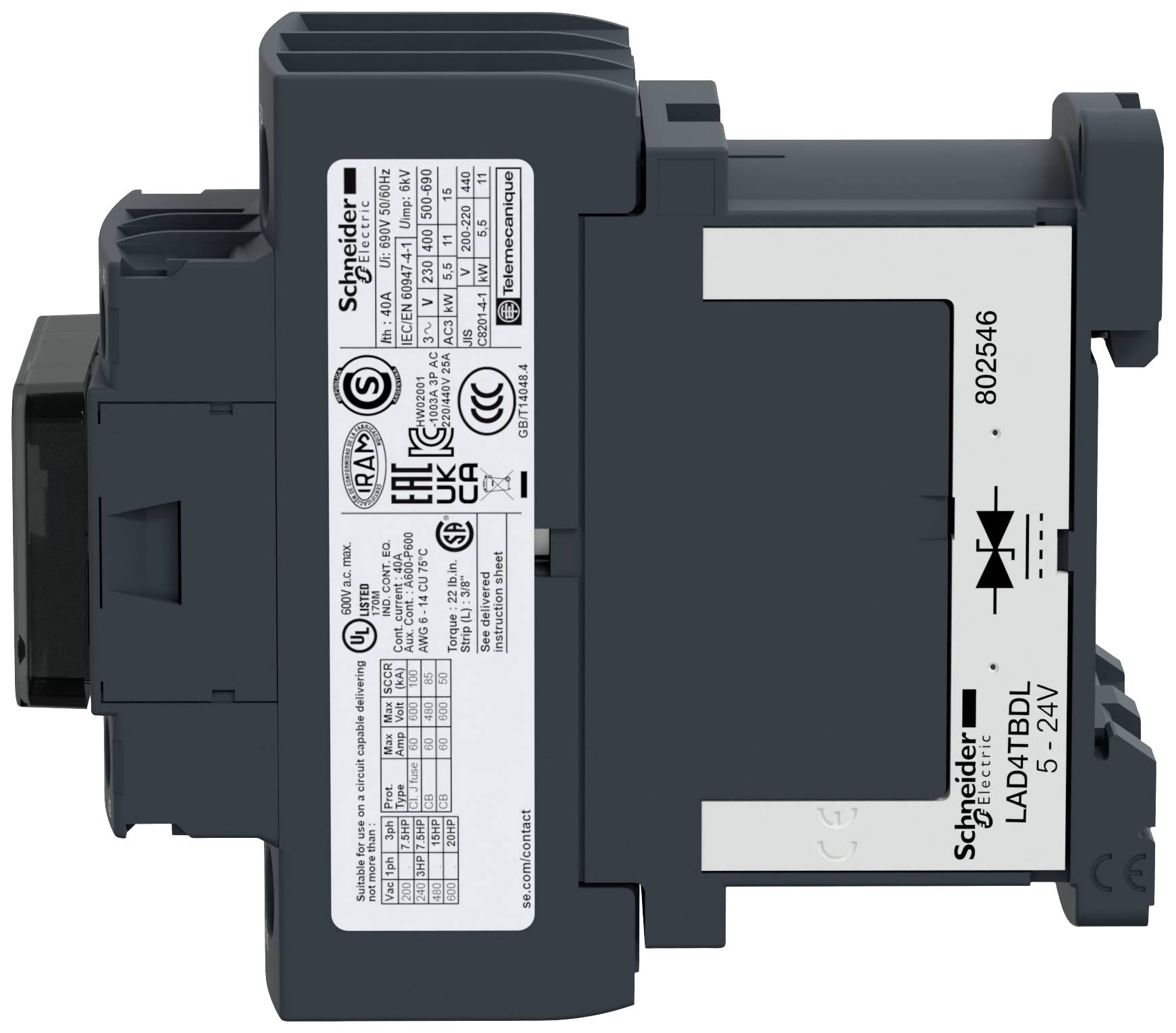 'Schneider Electric urządzenie ochronne, model: LAD4TBDL, 5-24V, z oznaczeniami technicznymi i znakami certyfikacyjnymi.'
