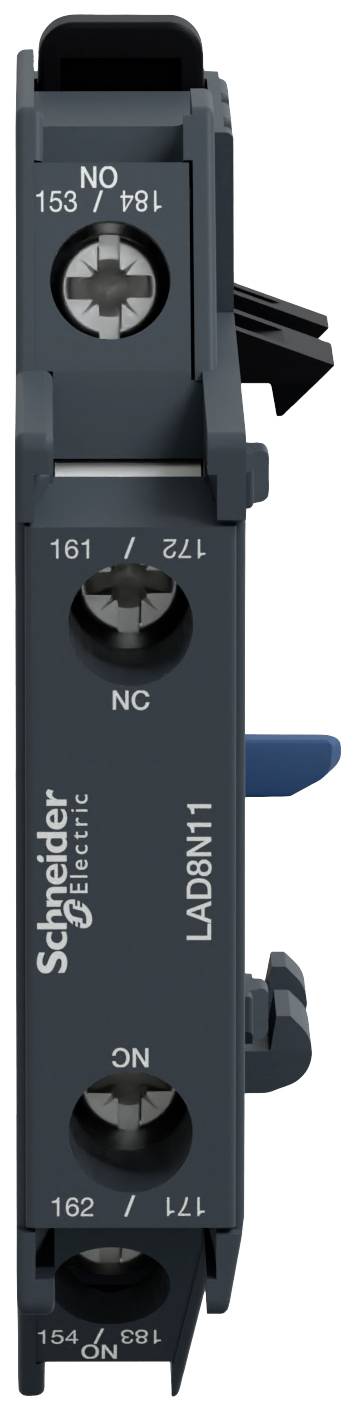 Wyłącznik Schneider Electric, model LAD8N11, z zaciskami przyłączeniowymi i widocznymi z boku oznaczeniami NO (styk rozwierny) i NC (styk zwierny).
