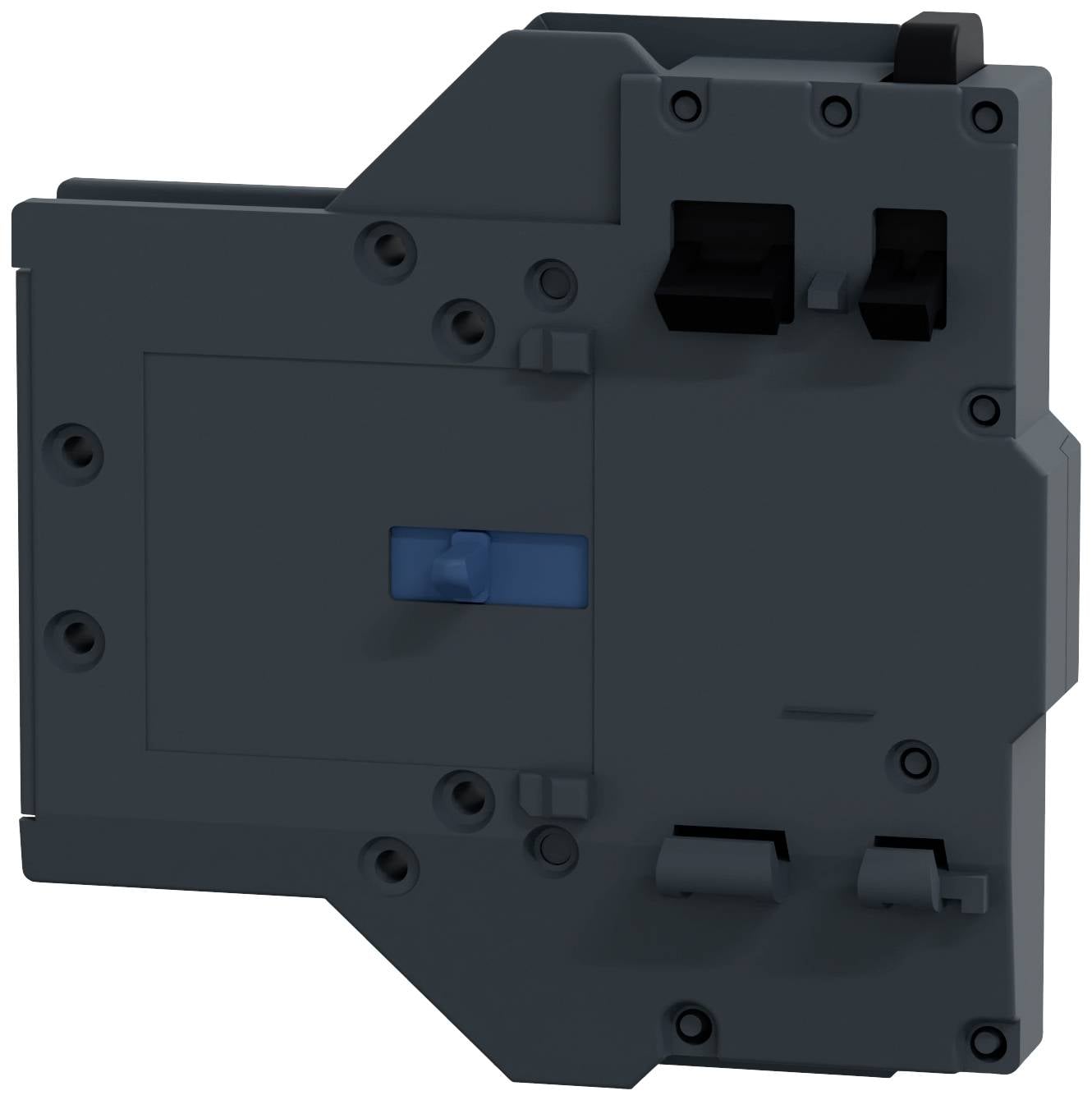 Ciemnoszary, prostokątny elektryczny wyłącznik mocy z niebieskim wskaźnikiem pośrodku, widziany z boku.