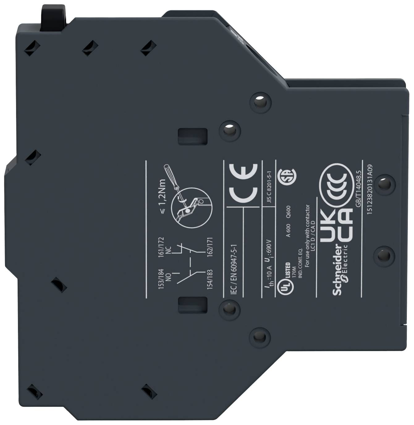 Czarny elektryczny element składowy z certyfikatami CE i UL, specyfikacjami technicznymi oraz logo Schneider Electric.