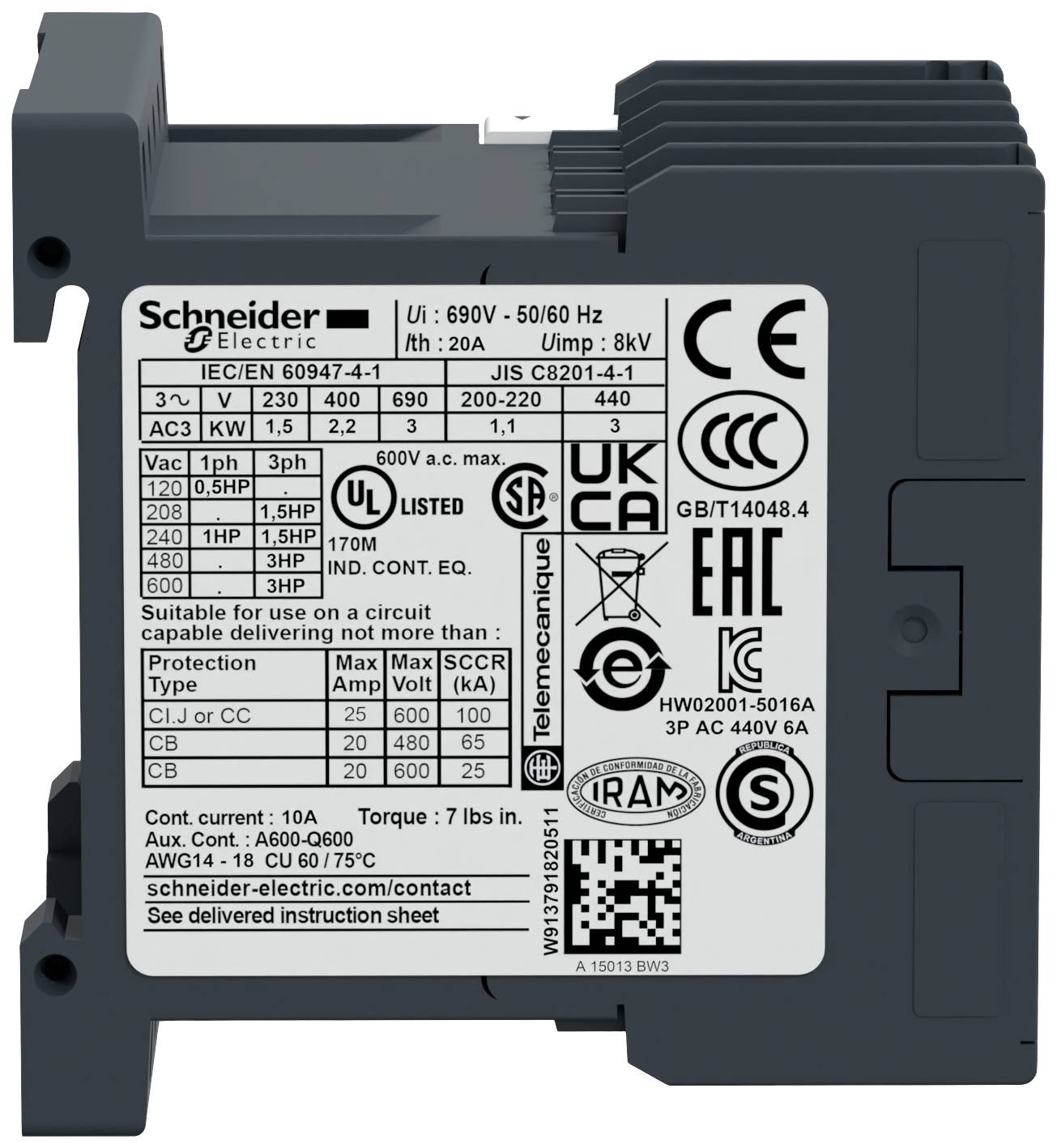 Wyłącznik zabezpieczający firmy Schneider Electric do 690V, 50/60Hz, o stopniu ochrony IP20, odpowiedni dla prądu AC i DC, certyfikowany CE i UL.