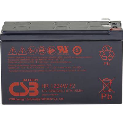 Czarna bateria z czerwonymi ostrzeżeniami i symbolami, w tym symbolem recyklingu. Informacje producenta: CSB Energy Technology Vietnam.