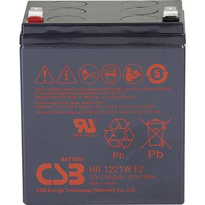 Akumulator ołowiowo-kwasowy 12V 21W. Symbole ostrzegawcze: Recykling, Nie do wyrzucania z odpadami komunalnymi. 'CSB Battery' oraz informacje produkcyjne na przedniej stronie.