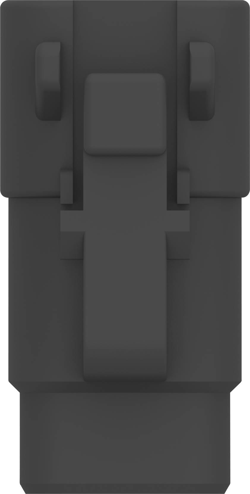 Szary, prostokątny element z tworzywa sztucznego z centralnie umieszczonym, wypukłym mechanizmem zatrzaskowym. Prawdopodobnie element zamykający lub mocujący.