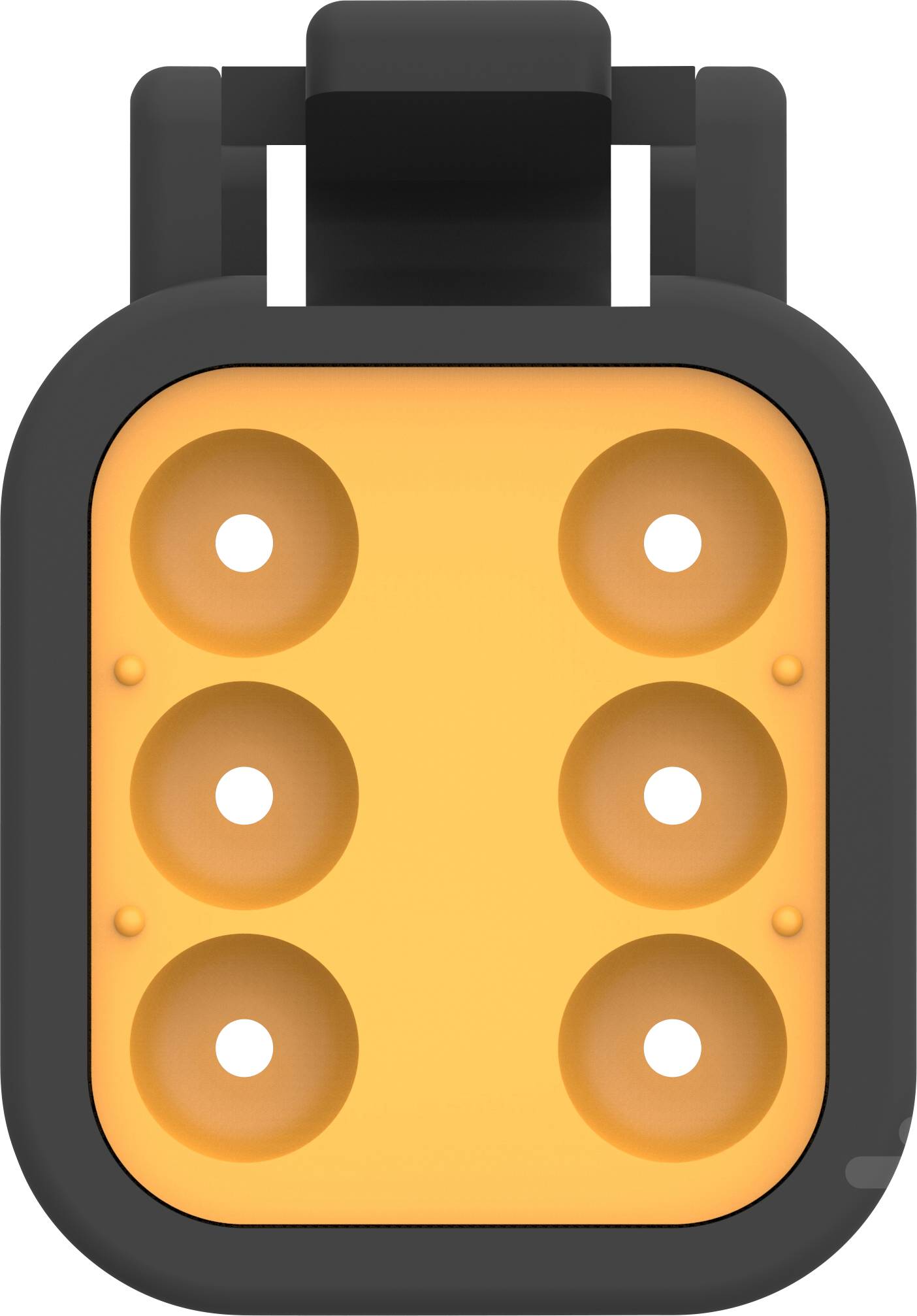 Elektryczny złącz z sześcioma pomarańczowymi stykami i czarną, prostokątną obudową, przedstawiony z perspektywy przedniej.