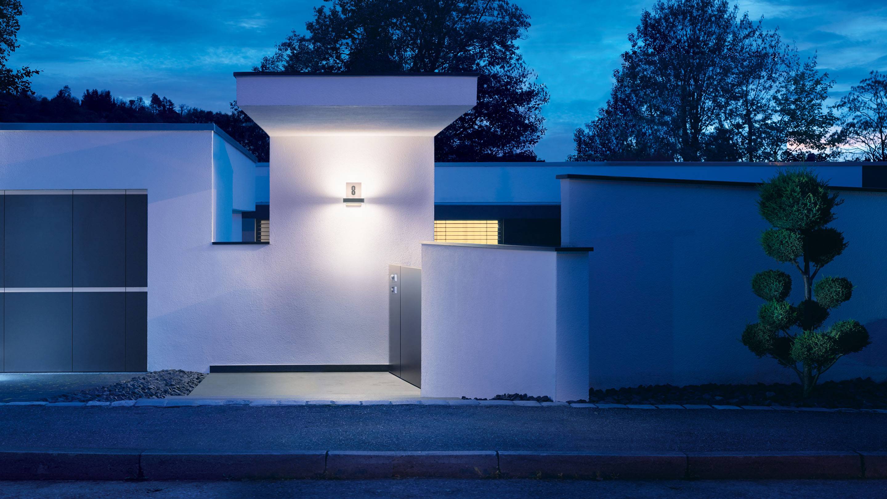 Nowoczesny budynek nocą z podświetloną ścianą zewnętrzną i minimalistycznym ogrodem; uspokajające, niebieskie oświetlenie tworzy spokojną atmosferę.