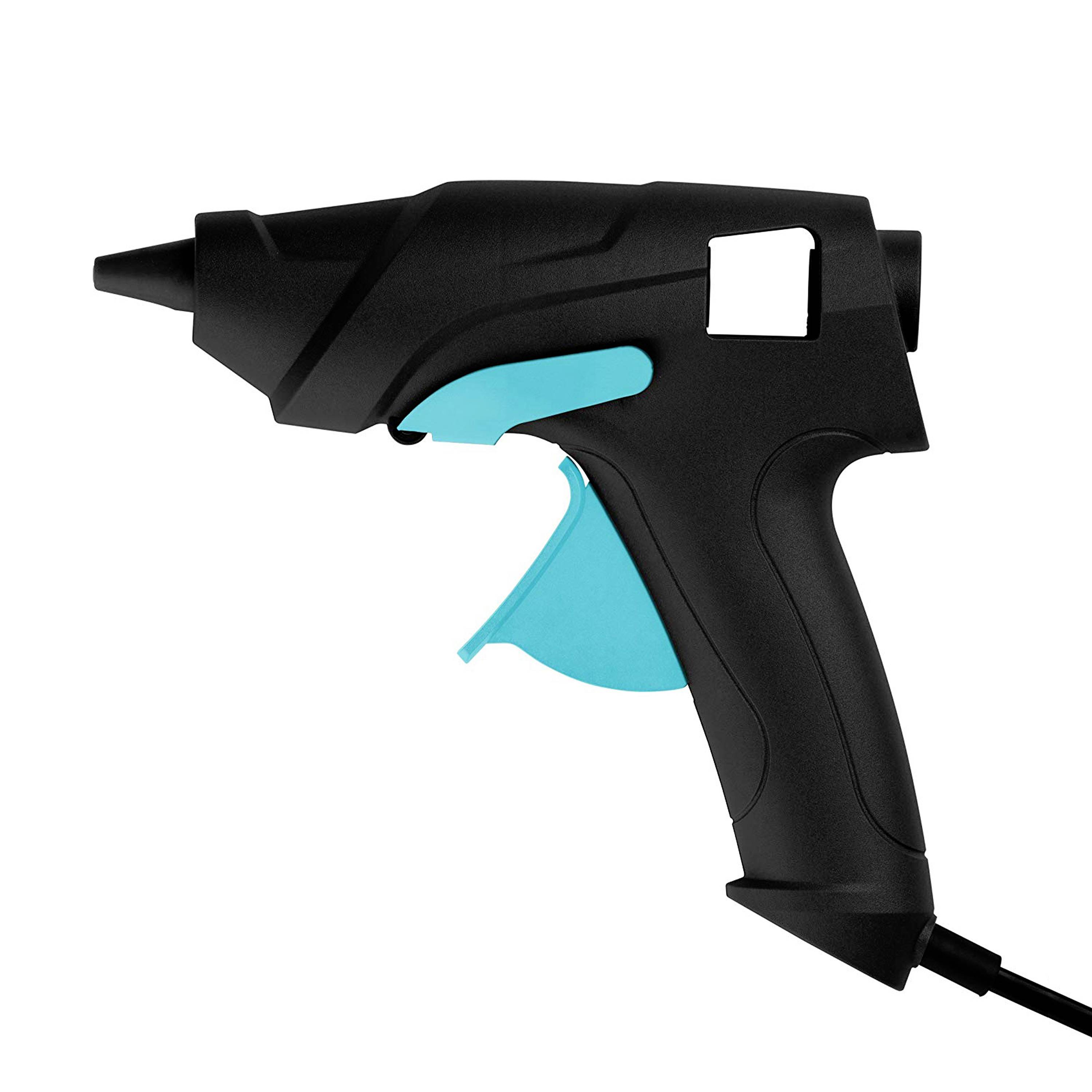 Czarno-morski pistolet do kleju z ostro zakończoną dyszą i włącznikiem spustowym, podłączony przewodem, przedstawiony na białym tle.