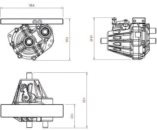 Rysunek techniczny przekładni z trzema widokami: widok z przodu, widok z boku i widok z góry. Wymiary i szczegóły są oznaczone.