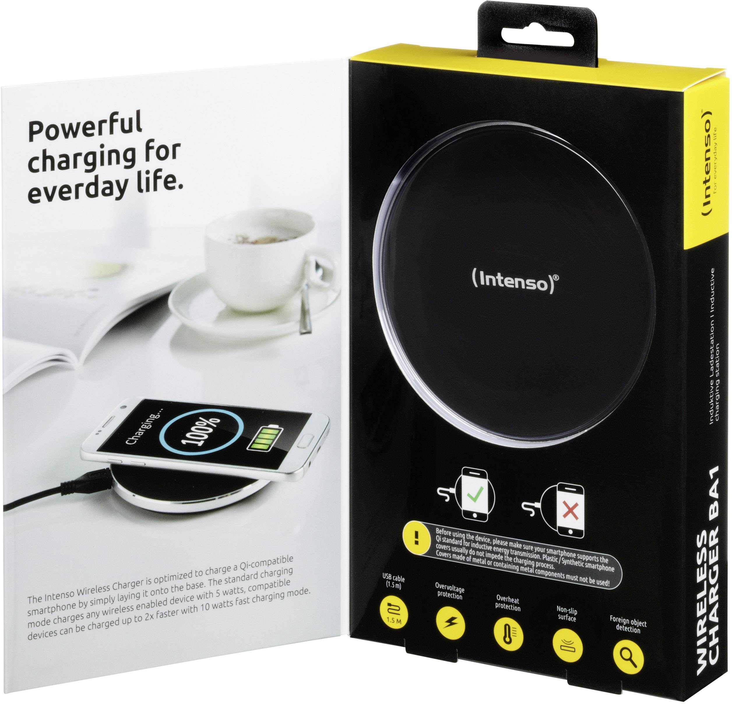 Bezprzewodowa ładowarka Intenso BA1 w czarnym opakowaniu. Tekst podkreśla wydajne ładowanie. Urządzenie wyświetla migające symbole instrukcji obsługi.