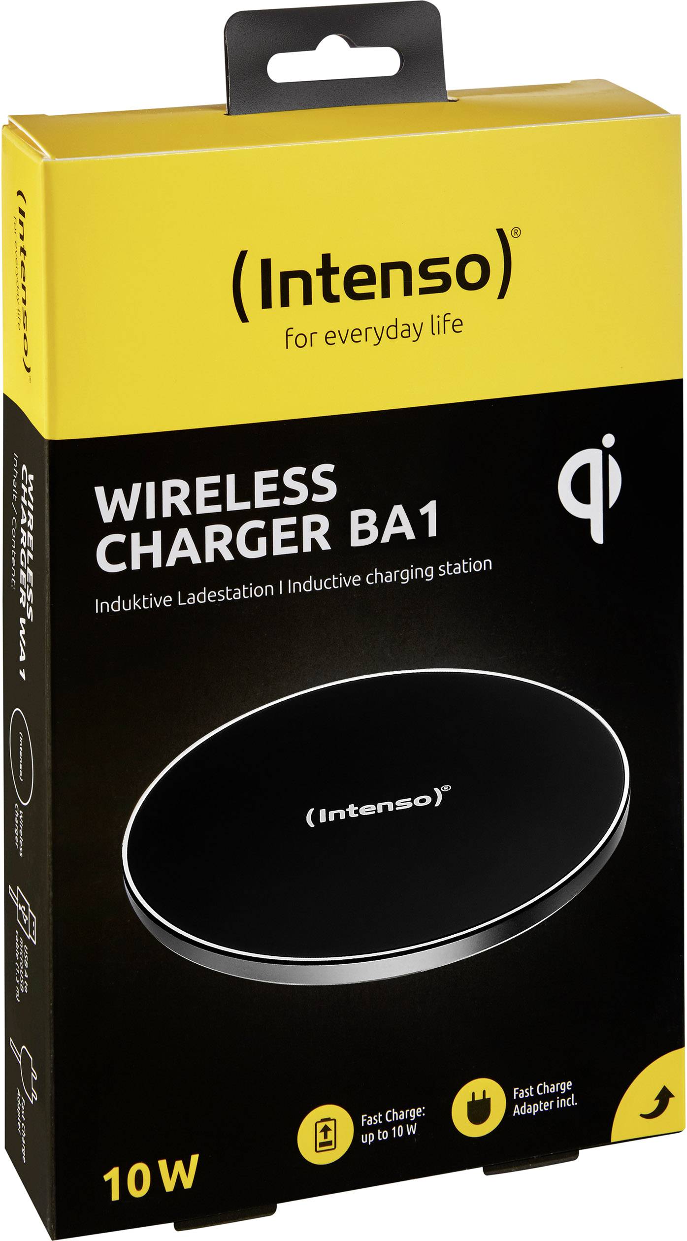 Bezprzewodowa ładowarka Intenso, model BA1, do ładowania indukcyjnego. Żółte opakowanie, moc 10W, z funkcją szybkiego ładowania.