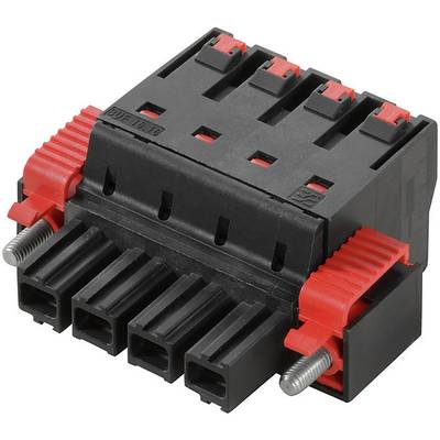 Czarno-czerwony elektryczny złącz wielostykowy z widocznymi dwoma wystającymi metalowymi stykami.