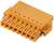 Pomarańczowy, prostokątny, elektryczny złącz z wieloma zaciskami, odpowiedni do łączenia przewodów i kabli.