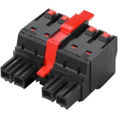 Czarny złącze z czerwonym przesuwnikiem, czterema gniazdami i dwoma wyjściami. Używany do bezpiecznego połączenia elektrycznego.