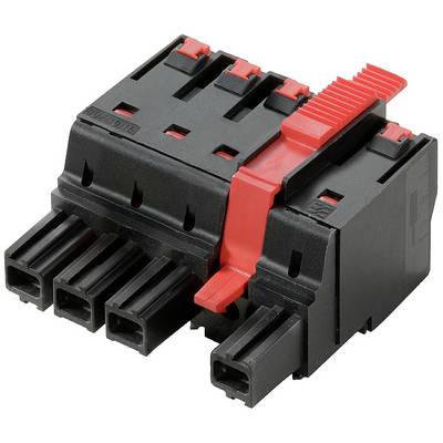 Czarno-czerwony elektryczny złącze wtykowe z wieloma stykami, przeznaczony do zastosowań przemysłowych.