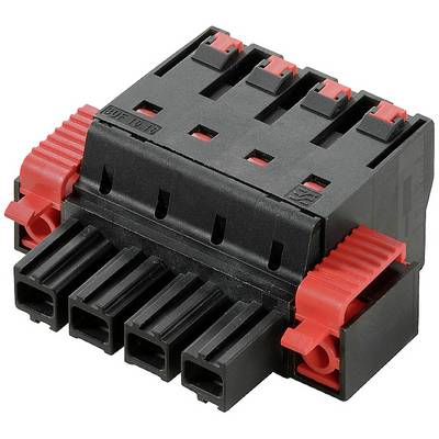 Czarny plastikowy wtyk z czerwonymi zaciskami, przeznaczony do połączeń elektrycznych. Posiada pięć otworów przyłączeniowych.