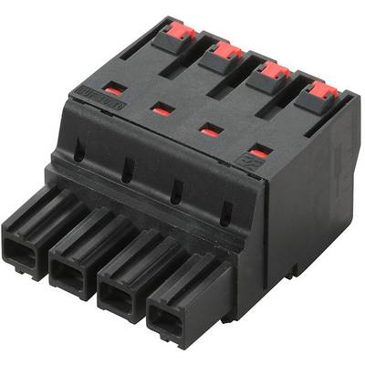 Czarny, prostokątny złącz z pięcioma gniazdami, czerwonymi zatrzaskami i bocznymi wycięciami. Stosowany do połączeń elektronicznych.