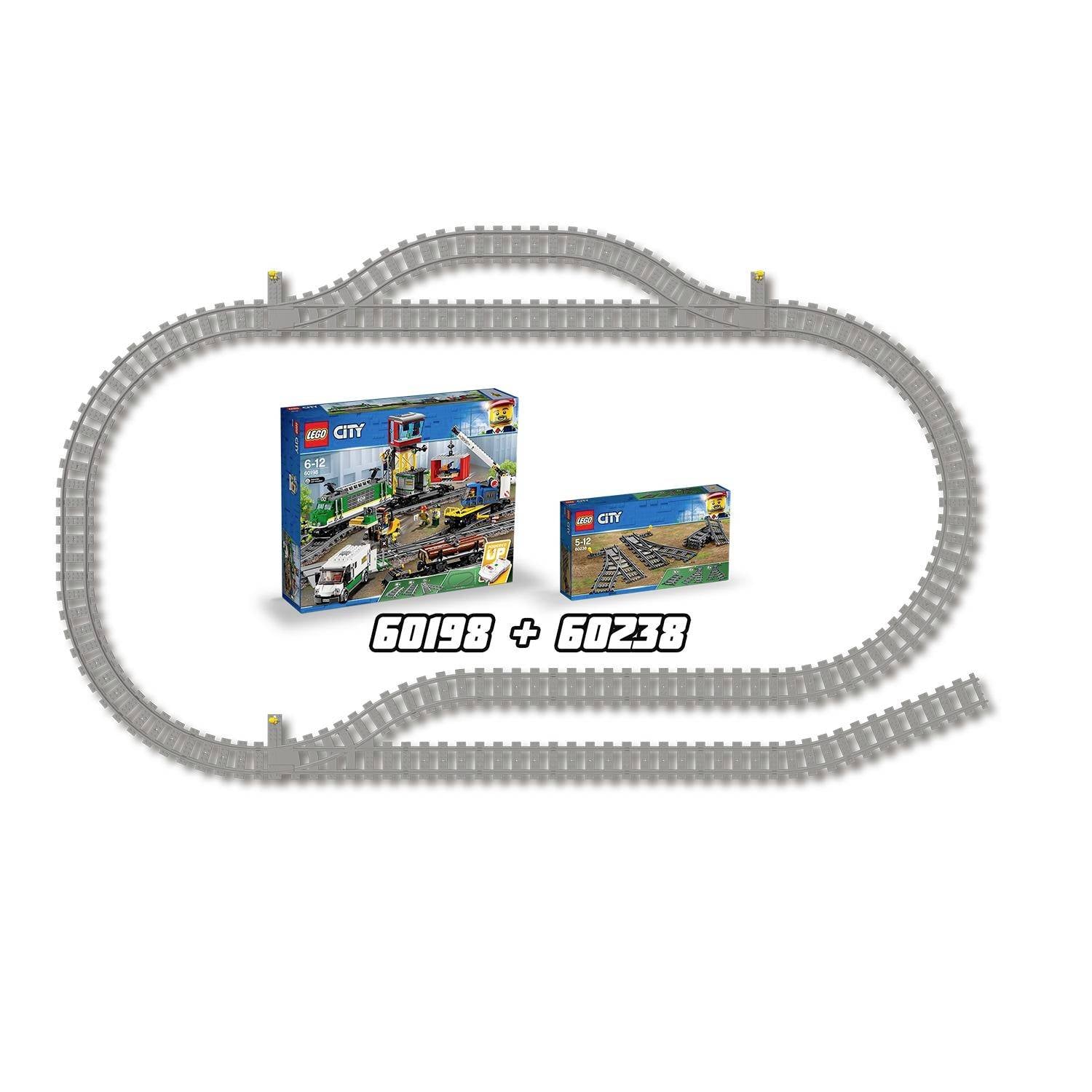 Zestaw kolejowy z serii Lego City z torami i opakowaniami, numery artykułów '60198' i '60238'.