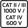 'CAT II / III 1000 V / CAT IV 600 V' na białym tle czarnym drukiem.