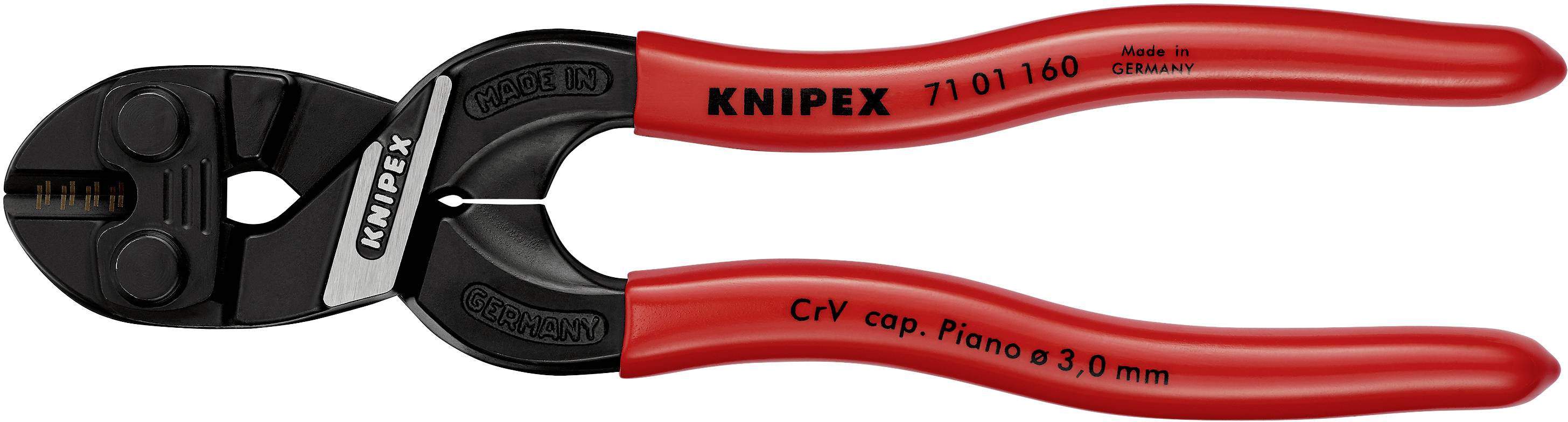 Czerwone narzędzie do cięcia kabli Knipex z czarną głowicą z napisem 'CrV cap. Piano ø3,0 mm' oraz 'Made in Germany'.