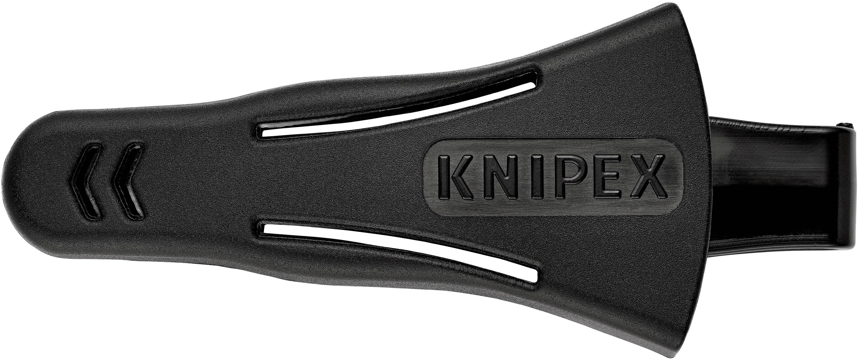 Czarny klips do pasa z logo 'KNIPEX', przeznaczony głównie do mocowania narzędzi przy pasku.