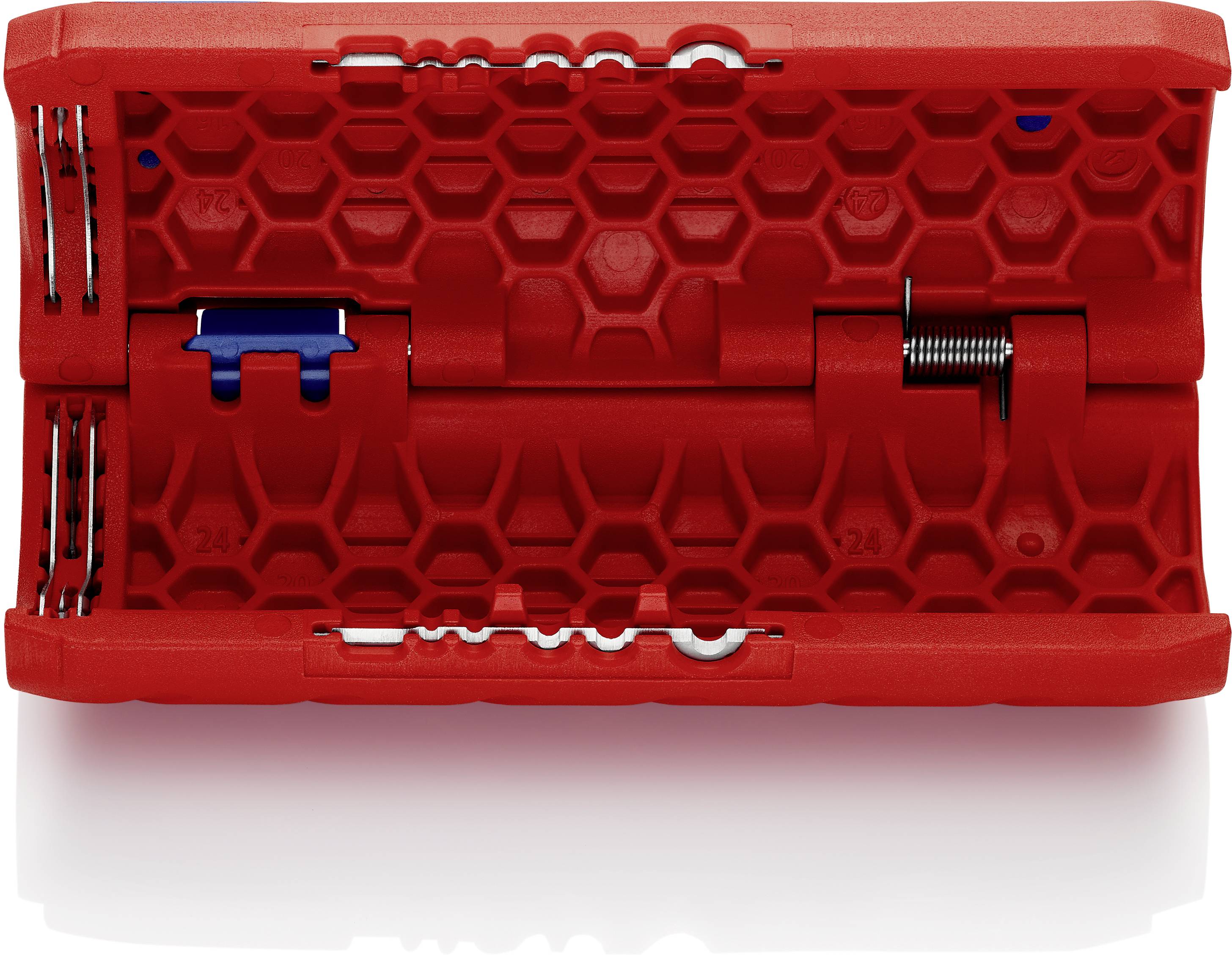 Czerwony kołek plastikowy o złożonej strukturze, z sprężyną i niebieskimi elementami metalowymi, odpowiedni do mocowań ściennych.