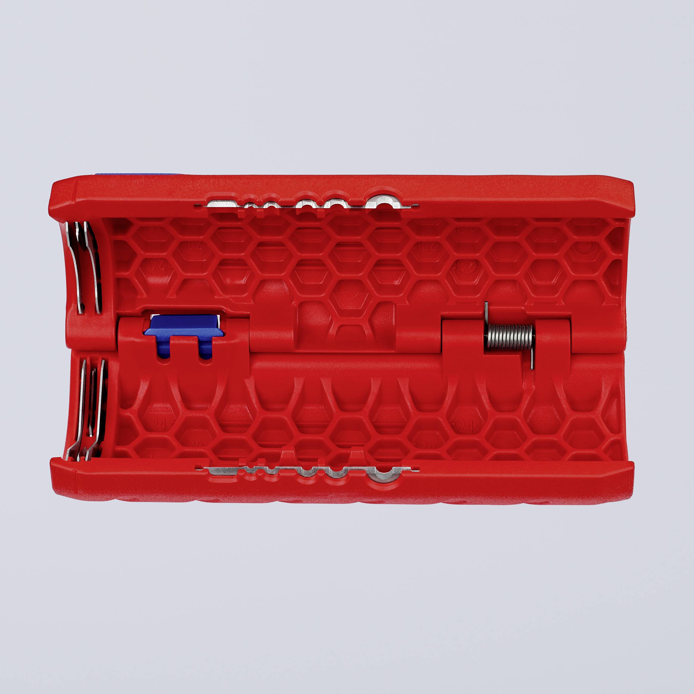 Czerwony, sześciokątny kołek z niebieskim elementem i widocznym mechanizmem sprężynowym na szarym tle.