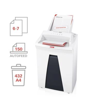 Niszczarka biurowa z automatycznym podajnikiem, rozdrabnia do 150 arkuszy, pojemność kosza na 432 arkusze formatu A4, odpowiednia do niszczenia poufnych dokumentów.