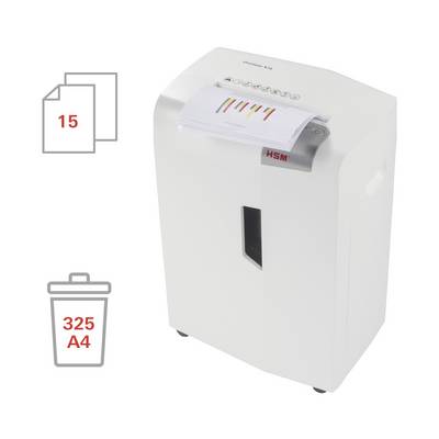 Biały niszczarka dokumentów, która pocina papier. Symbole wskazują pojemność: 15 arkuszy w jednym cyklu i 325 zniszczonych stron formatu A4.