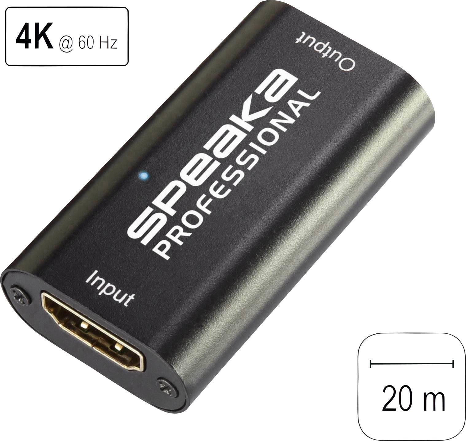 Urządzenie profesjonalnego przedłużacza HDMI marki Speaka oznaczone 4K@60 Hz i 20 m, pokazujące porty wejściowe i wyjściowe.