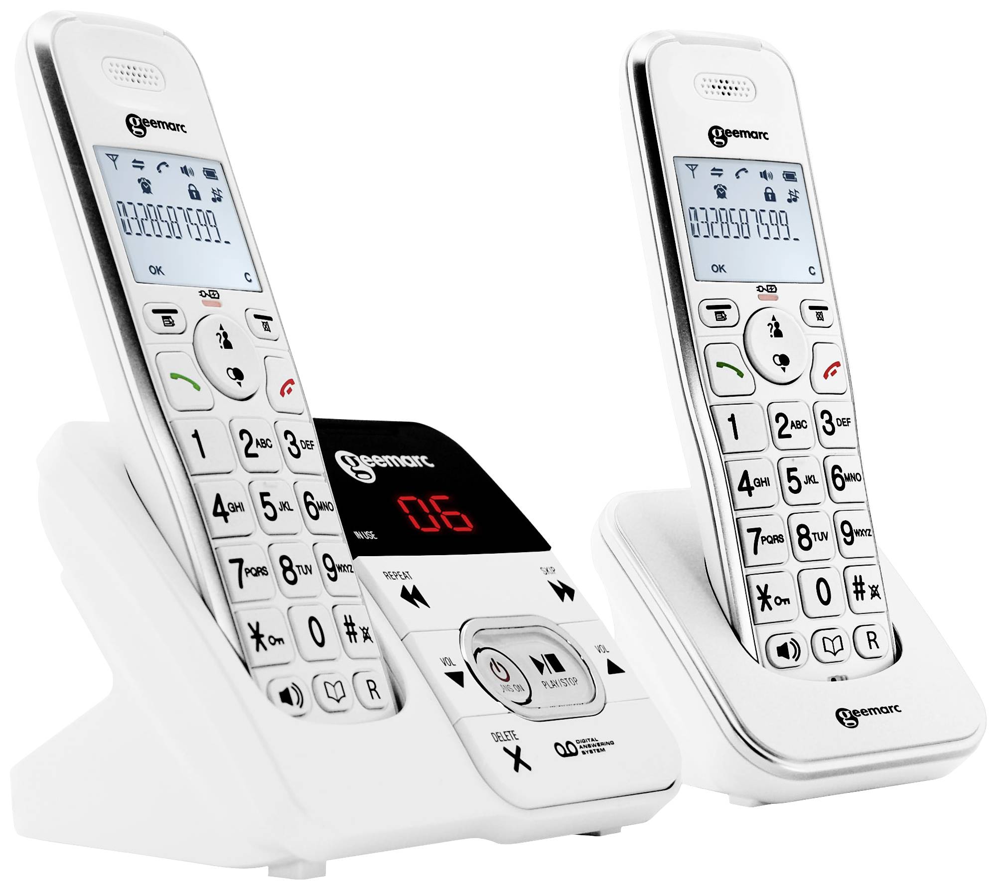 Dwa bezprzewodowe telefony w ładowarkach. Duże przyciski i wyświetlacze pokazują kolejno '023965399'. Jeden z nich posiada stację bazową z przyciskami.