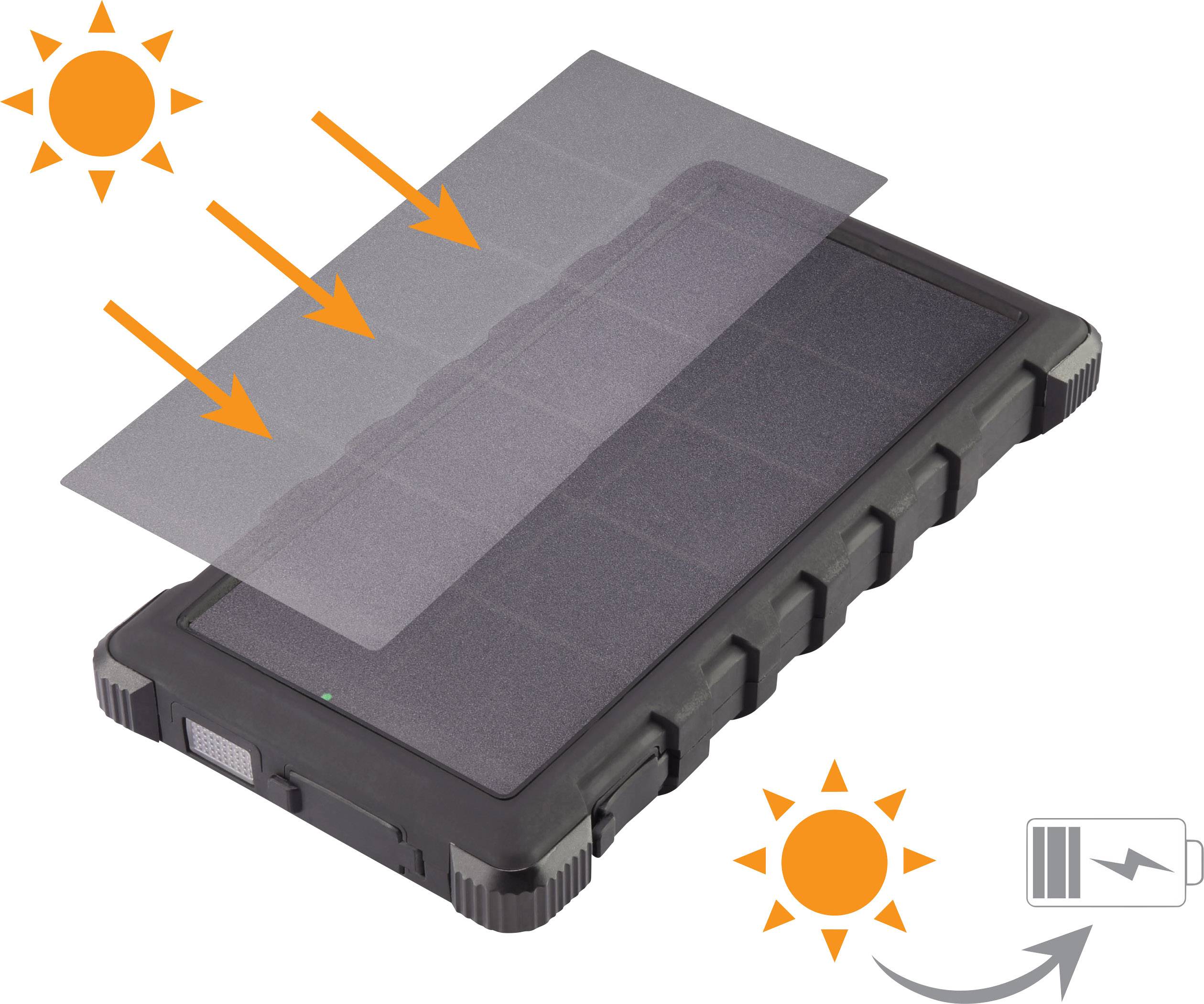 Przenośny panel słoneczny z czarnymi obramowaniami jest oświetlany przez trzy promienie słoneczne, które ładują baterię.