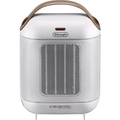 Mały przenośny ceramiczny termowentylator firmy DeLonghi z uchwytem, przeznaczony do personalizowanego ogrzewania pomieszczenia.