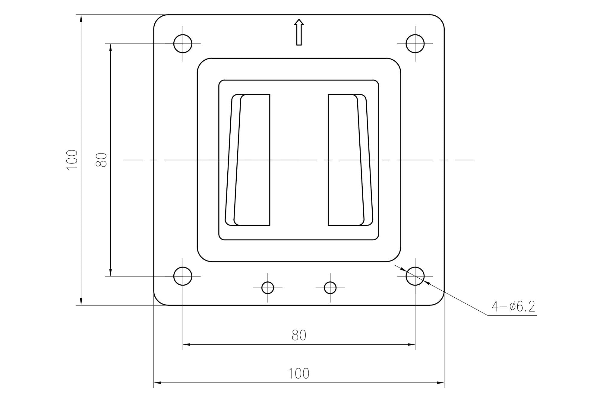 Rysunek techniczny prostokątnego przełącznika o wymiarach: 100 x 80 mm. Strzałka u góry wskazuje kierunek montażu.
