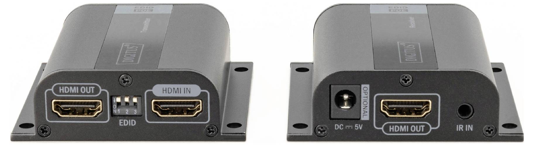 Dwa czarne rozgałęźniki HDMI z oznaczeniami 'HDMI OUT', 'HDMI IN', 'EDID', 'DC 5V' oraz 'IR IN'. Pokazano widok z przodu i z tyłu.