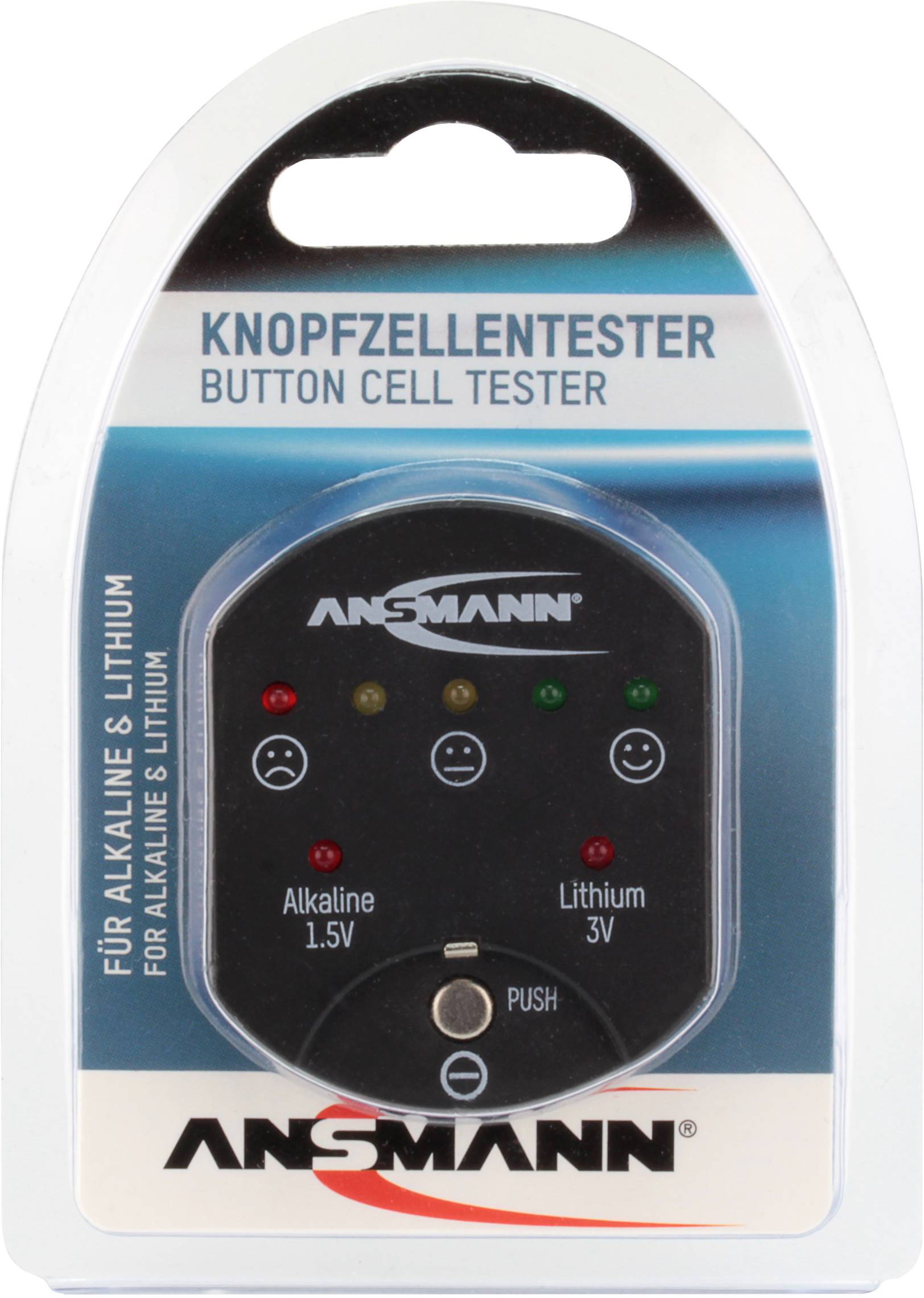 Tester baterii guzikowych do baterii alkalicznych i litowych, wyświetlający stan za pomocą emotikonów. Po lewej: bateria alkaliczna 1,5V, po prawej: bateria litowa 3V.