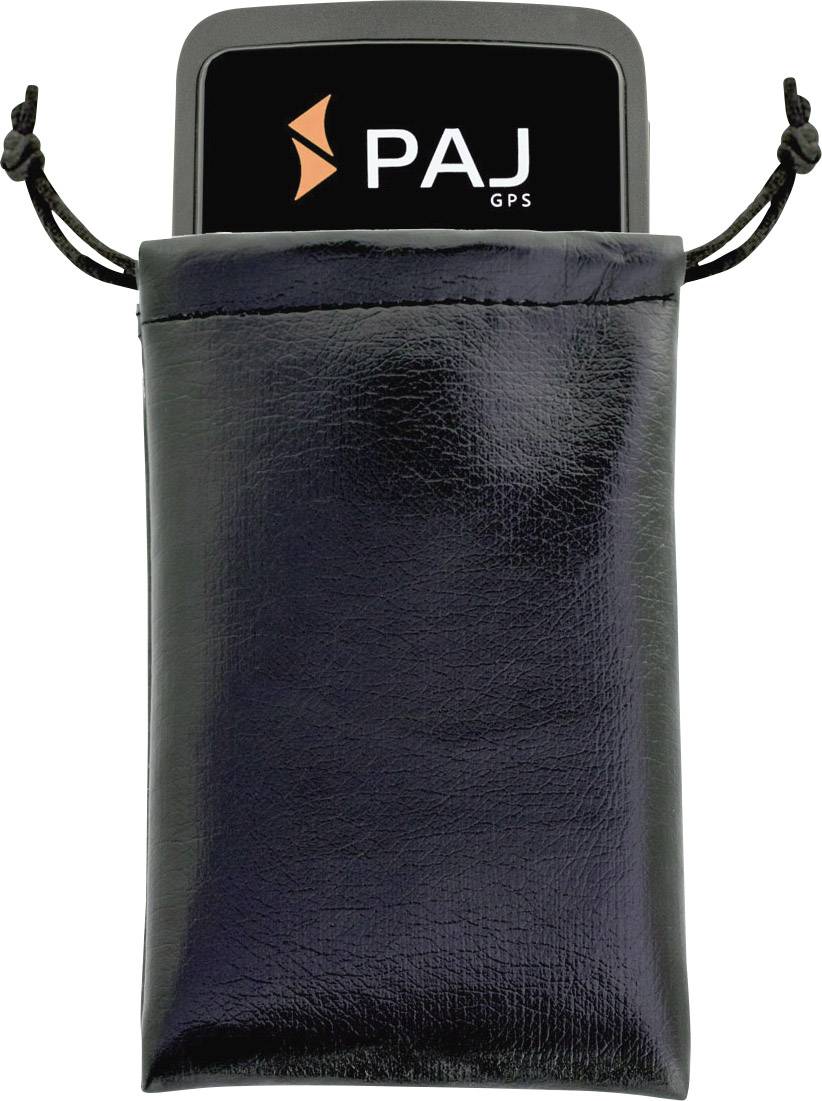 Urządzenie GPS marki PAJ w czarnym skórzanym etui.
